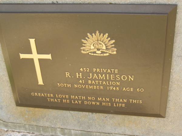 R.H. JAMIESON,  | died 30 Nov 1948 aged 60 years;  | Maroon General Cemetery, Boonah Shire  | 