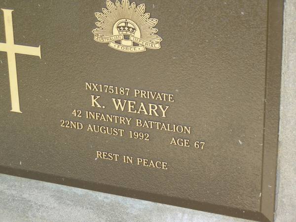 K. WEARY,  | died 22 aug 1992 aged 67 years;  | Maroon General Cemetery, Boonah Shire  | 