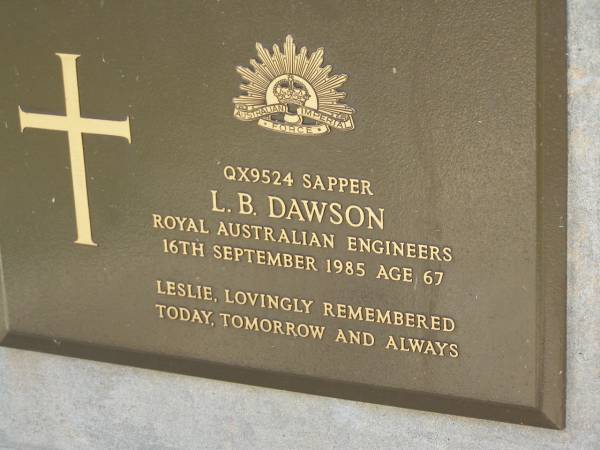 L.B. (Leslie) DAWSON,  | died 16 Sept 1985 aged 67 years;  | Maroon General Cemetery, Boonah Shire  | 