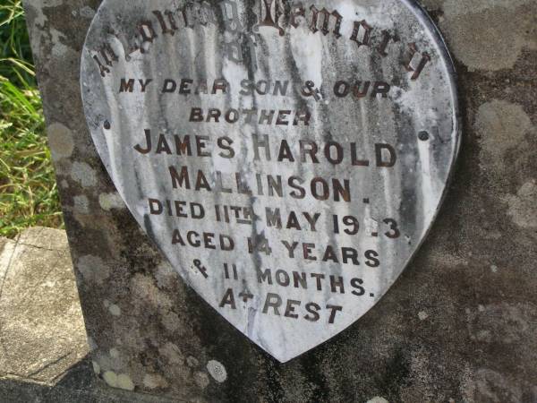James (Jim) Harold MALLINSON,  | son brother,  | died 11 May 1923? aged 14 years 11 months;  | Maroon General Cemetery, Boonah Shire  | 