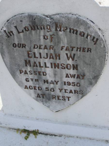Elijah W. MALLINSON,  | father,  | died 6 May 1958 aged 58 years;  | Maroon General Cemetery, Boonah Shire  | 