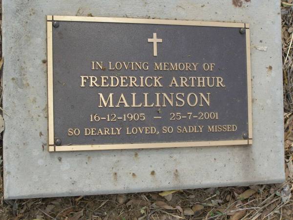 Frederick Arthur MALLINSON,  | 16-12-1905 - 25-7-2001;  | Maroon General Cemetery, Boonah Shire  | 