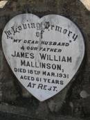 
James William MALLISON,
husband father,
died 18 Mar 1931 aged 61 years;
Maroon General Cemetery, Boonah Shire
