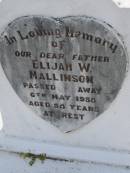 
Elijah W. MALLINSON,
father,
died 6 May 1958 aged 58 years;
Maroon General Cemetery, Boonah Shire
