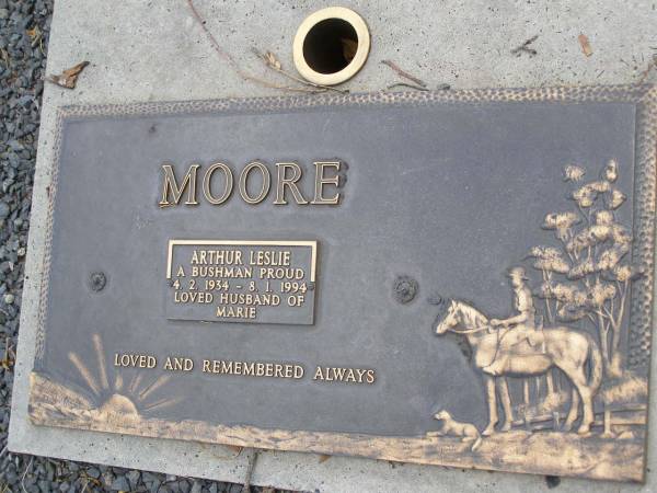 Arthur Leslie MOORE,  | 4-2-1934 - 8-1-1994,  | husband of Marie;  | Maryvale cemetery, Warwick Shire  | 