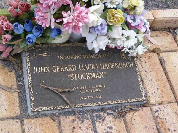 John Gerard (Jack) HAGENBACH.  | 25-11-1916 - 26-8-2003;  | Maryvale cemetery, Warwick Shire  | 