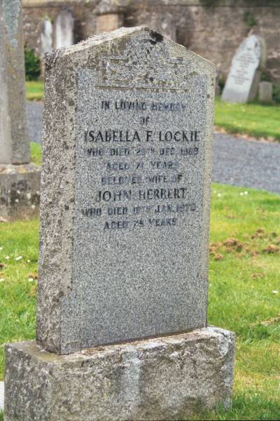 Isabella F LOCKIE  | d: 28 Dec 1969 aged 71  |   | husband  | John HERBERT  | d: 16 Jan 1970 aged 75  |   | Melrose cemetery, Roxburgshire, Scotland  |   | 
