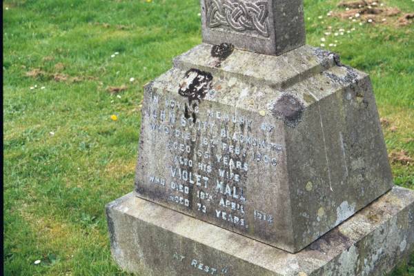 John SCOTT  | blacksmith  | d: 6 Feb 1906 aged 65  |   | wife  | Violet HALL  | d: 18 Apr 1912 aged 73  |   | Melrose cemetery, Roxburgshire, Scotland  |   | 