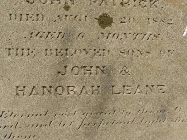 Timothy Joseph LEANE,  | died 23 Feb 1894 aged 24 years;  | John Patrick LEANE,  | died 20 Aug 1882 aged 6 months;  | sons of John & Hanorah LEANE;  | Meringandan cemetery, Rosalie Shire  |   | 