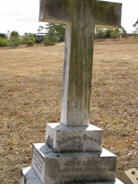 John LEANE,  | died 24 July 1920 aged 84 years;  | Honora LEANE,  | wife,  | died 25 July 1939 aged 100 years;  | Meringandan cemetery, Rosalie Shire  | 