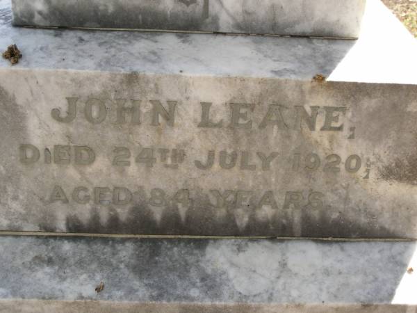 John LEANE,  | died 24 July 1920 aged 84 years;  | Honora LEANE,  | wife,  | died 25 July 1939 aged 100 years;  | Meringandan cemetery, Rosalie Shire  | 