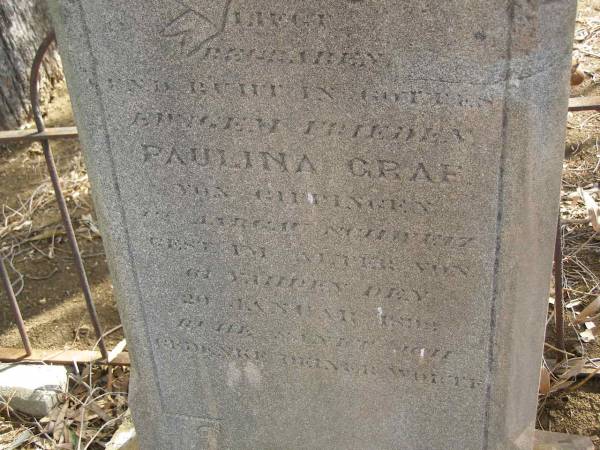 Paulina GRAF,  | died 20 Jan 1893;  | Gottfried GRAF,  | husband father,  | died 13 March 1923 aged 66 years,  | native of Switzerland;  | Norman Denis GRAF,  | son,  | killed in action 1 Sept 1918 aged 20 years;  | Meringandan cemetery, Rosalie Shire  | 