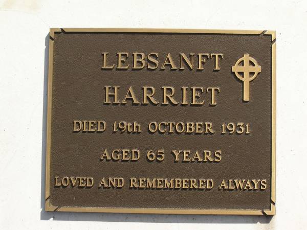 Harriet LEBSANFT,  | died 19 Oct 1931 aged 65 years;  | Meringandan cemetery, Rosalie Shire  | 