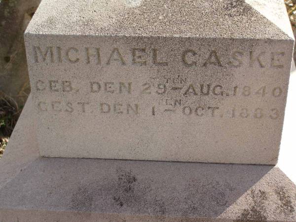 Michael GASKE,  | born 29 Aug 1840,  | died 1 Oct 1883;  | Meringandan cemetery, Rosalie Shire  | 