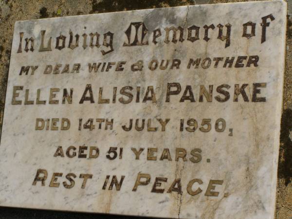 Ellen Alisia PANSKE,  | wife mother,  | died 14 July 1950 aged 51 years;  | Meringandan cemetery, Rosalie Shire  | 