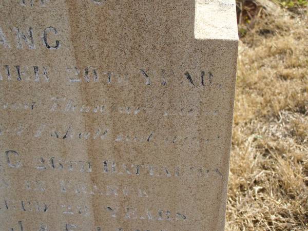 Anna Maria LANG,  | wife of Fred J. LANG,  | died 1 May 1911? in 20th year;  | Private J.C. LANG,  | killed in action France 4 Oct 1917 aged 23 years,  | son of J. & E. LANG;  | Meringandan cemetery, Rosalie Shire  | 