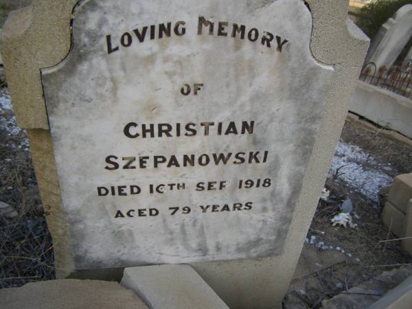 Christian SZEPANOWSKI,  | died 16 Sept 1918 aged 79 years;  | Ottilie Bertha SZEPANOWSKI,  | died 19 July 1919 aged 34 years;  | Otto SZEPANOWSKI,  | died 27 July 1931 aged 53 years;  | Wilhelmine SZEPANOWSKI,  | died 26 Jan 1935 aged 86 years;  | Meringandan cemetery, Rosalie Shire  | 