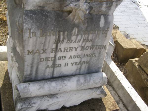 Max Harry LOWIEN,  | son,  | died 8 Aug 1926 aged 11 years;  | Meringandan cemetery, Rosalie Shire  | 