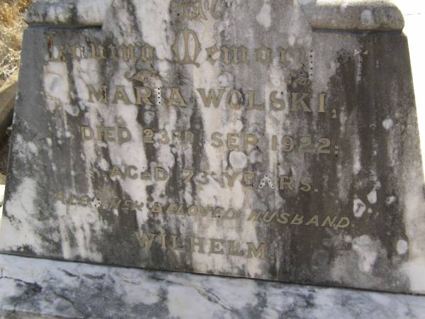Maria WOLSKI,  | mother,  | died 23 Sept 1922 aged 73 years;  | Wilhelm,  | husband father,  | died 16 Oct 1924 aged 79 years;  | Meringandan cemetery, Rosalie Shire  | 