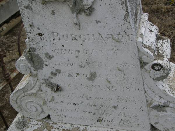 [Emma?] GUHR,  | born 6 Dec 1891,  | died 28 April 1895;  | Pauline? GUHR (nee BURGHARDT),  | born Germany 28 Apr 1838,  | died 23 Jan 1896;  | Meringandan cemetery, Rosalie Shire  | 