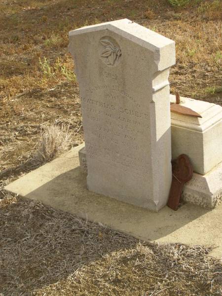 Matthias SCHEFE,  | native of Germany,  | died Glencoe 22 Sept 1891 aged 62 years;  | Meringandan cemetery, Rosalie Shire  | 