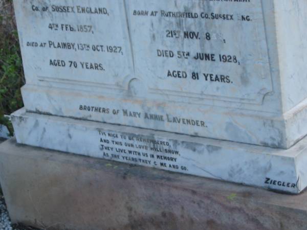 Henry Mark IZZARD,  | born Rotherfield Sussex England 4 Feb 1857,  | died Plainby 13 Oct 1927 aged 70 years;  | George Edward IZZARD,  | born Rotherfield Sussex England 21 Nov 1846,  | died 5 June 1928 aged 81 years;  | brothers of Mary Annie LAVENDER;  | Meringandan cemetery, Rosalie Shire  | 