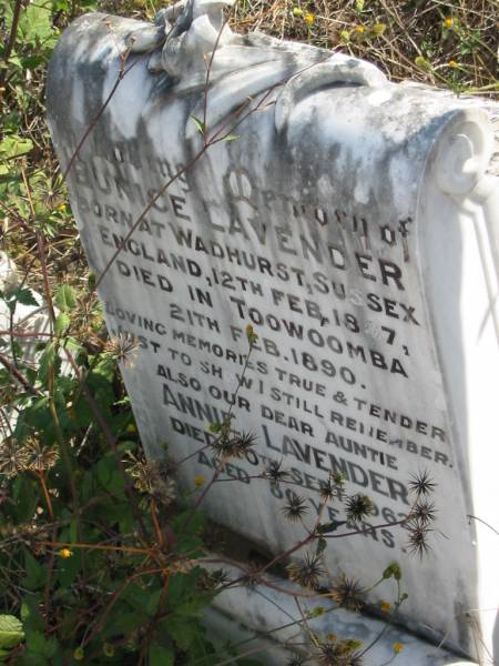 Eunice LAVENDER,  | born Wadhurst Sussex England 12 Feb 1887,  | died Toowoomba 21 Feb 1890;  | Annie LAVENDER,  | auntie,  | died 20 Sept 1962 aged 80 years;  | Meringandan cemetery, Rosalie Shire  | 