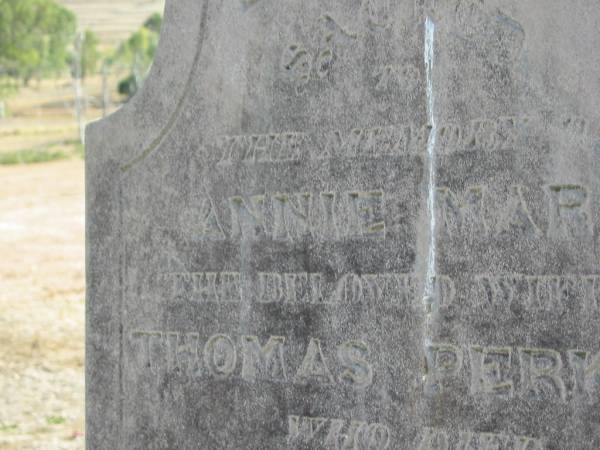 Annie Maria,  | wife of Thomas PERKINS,  | died 16 Jan 1892 in 38th year;  | Meringandan cemetery, Rosalie Shire  | 