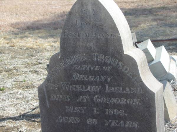 Catherine TROUSDELL,  | native of Delgany Wicklow Ireland,  | died Gomoron 1 May 1896 aged 69 years;  | Meringandan cemetery, Rosalie Shire  | 