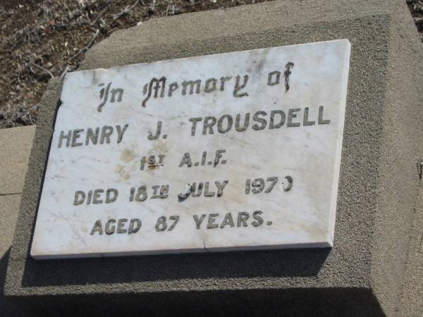 Henry J. TROUSDELL,  | died 18 July 1970 aged 87 years;  | Meringandan cemetery, Rosalie Shire  | 