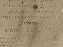 
Timothy Joseph LEANE,
died 23 Feb 1894 aged 24 years;
John Patrick LEANE,
died 20 Aug 1882 aged 6 months;
sons of John & Hanorah LEANE;
Meringandan cemetery, Rosalie Shire

