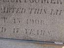 
Bessie MONTGOMERY,
died 13? [15?] Oct 1906 aged 17 years;
Meringandan cemetery, Rosalie Shire


