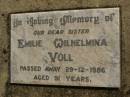 
Emilie Wilhelmina VOLL,
sister,
died 29-12-1986 aged 91 years;
Meringandan cemetery, Rosalie Shire
