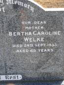 
Wilhelm Friedrich WELKE,
husband father,
died 22 July 1951 aged 69 years 11 months;
Bertha Caroline WELKE,
mother,
died 24 Sept 1953 aged 69 years;
Meringandan cemetery, Rosalie Shire
