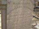 
Margaretha Magdalena NOTHDURFT,
wife of John MAAG (junr),
died at Meringandan 28 Sept 1897 in 25th yea,
mourned by husband and children;
Meringandan cemetery, Rosalie Shire

