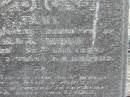 
Jane,
daughter of W. & I. WOOD,
died 28? Dec 1893 aged 2 years 6 months;
Meringandan cemetery, Rosalie Shire
