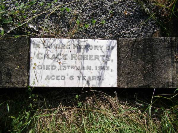 Grace ROBERTS,  | died 13 Jan 1913 aged 6 years;  | Milbong General Cemetery, Boonah Shire  | 