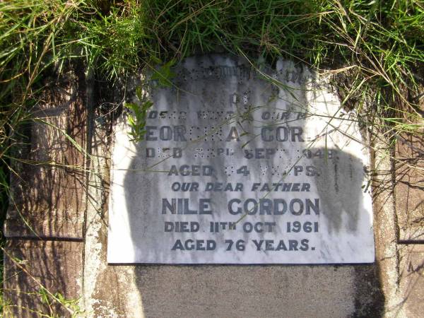 Georgina GORDON, wife mother,  | died 23 Sept 1948 aged 84 years;  | Nile GORDON, father,  | died 11 Oct 1961 aged 76 years;  | Milbong General Cemetery, Boonah Shire  | 