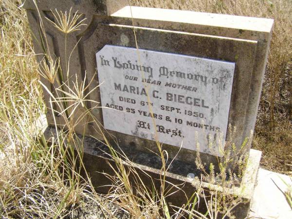 Maria C. BIEGEL,  | mother,  | died 6 Sept 1950 aged 95 years 10 months;  | Milbong St Luke's Lutheran cemetery, Boonah Shire  | 