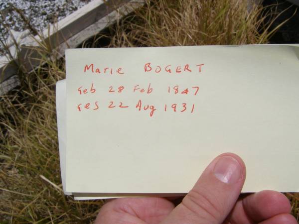 Marie BOGERT,  | born 28 Feb 1847 died 22 Aug 1931;  | Milbong St Luke's Lutheran cemetery, Boonah Shire  | 