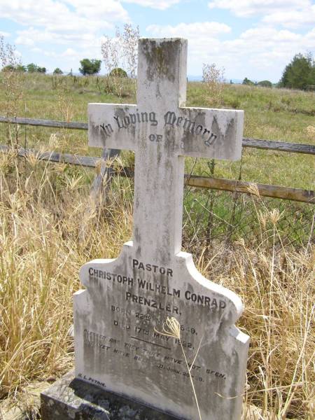 Pastor Christoph Wilhelm Conrad PRENZLER,  | born 22 May 1849 died 17 May 1922;  | Milbong St Luke's Lutheran cemetery, Boonah Shire  | 