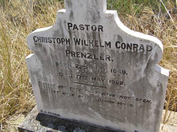 Pastor Christoph Wilhelm Conrad PRENZLER,  | born 22 May 1849 died 17 May 1922;  | Milbong St Luke's Lutheran cemetery, Boonah Shire  | 
