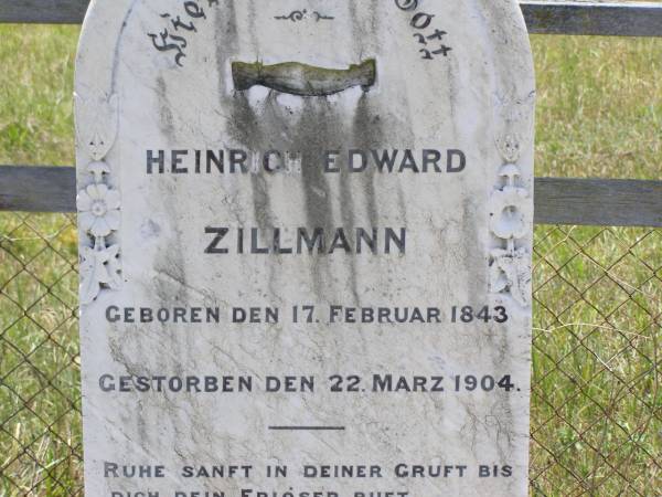 Heinrich Edward ZILLMAN,  | born 17 Feb 1843 died 22 March 1904;  | Henrietta, wife,  | died 26 Sept 1936 aged 91 years;  | Milbong St Luke's Lutheran cemetery, Boonah Shire  | 