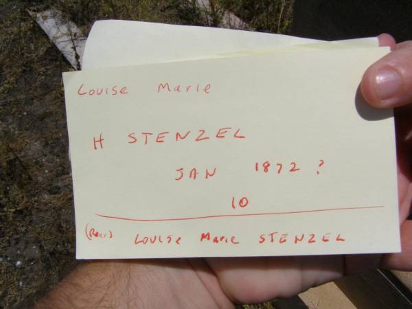 Louise Marie H. STENZEL,  | died Jan? 1872?;  | Milbong St Luke's Lutheran cemetery, Boonah Shire  | 