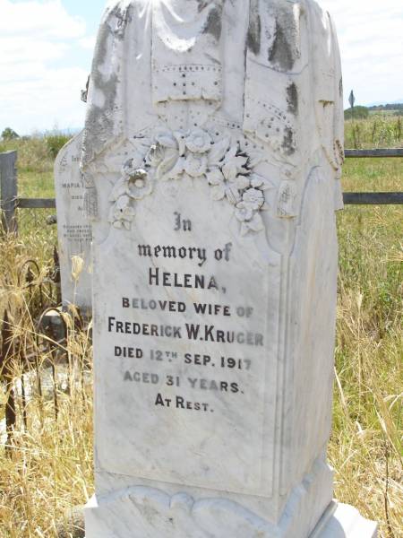 Helena, wife of Frederick W. KRUGER,  | died 12 Sept 1917 aged 31 years;  | Milbong St Luke's Lutheran cemetery, Boonah Shire  | 