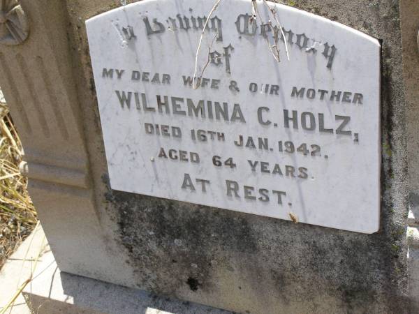 Wilhelmina C. HOLZ,  | wife mother,  | died 16 Jan 1942 aged 64 years;  | Milbong St Luke's Lutheran cemetery, Boonah Shire  | 