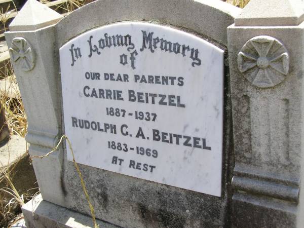 parents;  | Carrie BEITZEL,  | 1887 - 1937;  | Rudolph G.A. BEITZEL,  | 1883 - 1969;  | Milbong St Luke's Lutheran cemetery, Boonah Shire  | 