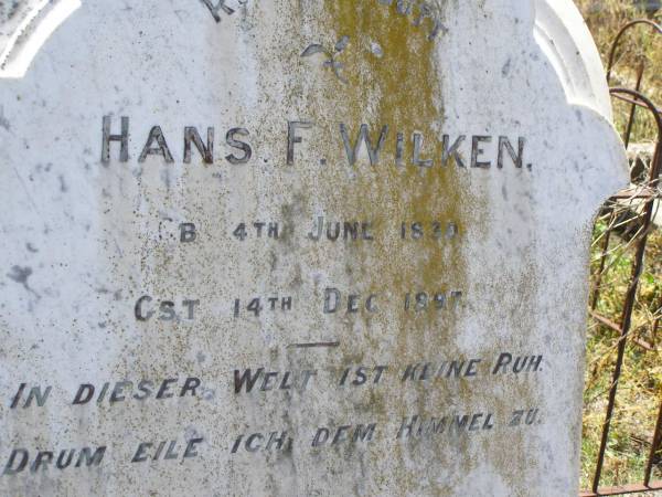 Hans F. WILKEN,  | born 4 June 1830 died 14 Dec 1897;  | Milbong St Luke's Lutheran cemetery, Boonah Shire  | 