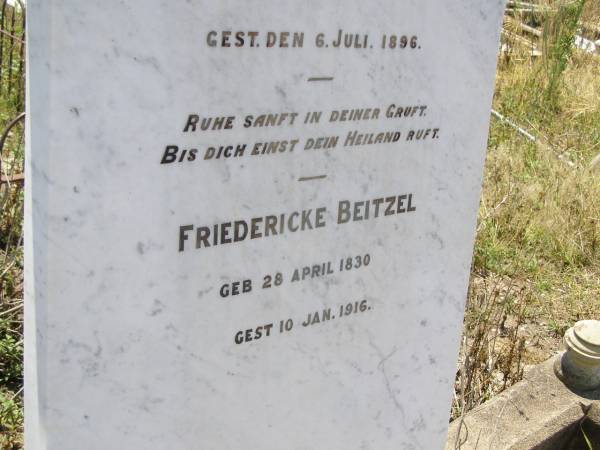 August C.J. BEITZEL,  | born 3 Feb 1825 died 6 July 1896;  | Friedericke BEITZEL,  | born 28 April 1830 died 10 Jan 1916;  | Milbong St Luke's Lutheran cemetery, Boonah Shire  | 