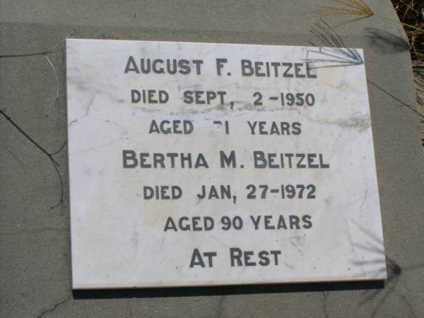 August F. BEITZEL,  | died 2 Sept 1950 aged 71 years;  | Bertha M. BEITZEL,  | died 27 Jan 1972 aged 90 years;  | Milbong St Luke's Lutheran cemetery, Boonah Shire  | 